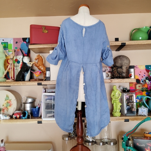 RAW MODA Italian Design Pure Linen Spring Blue Babydoll Loose Top M/L Bohemian - Picture 3 of 5